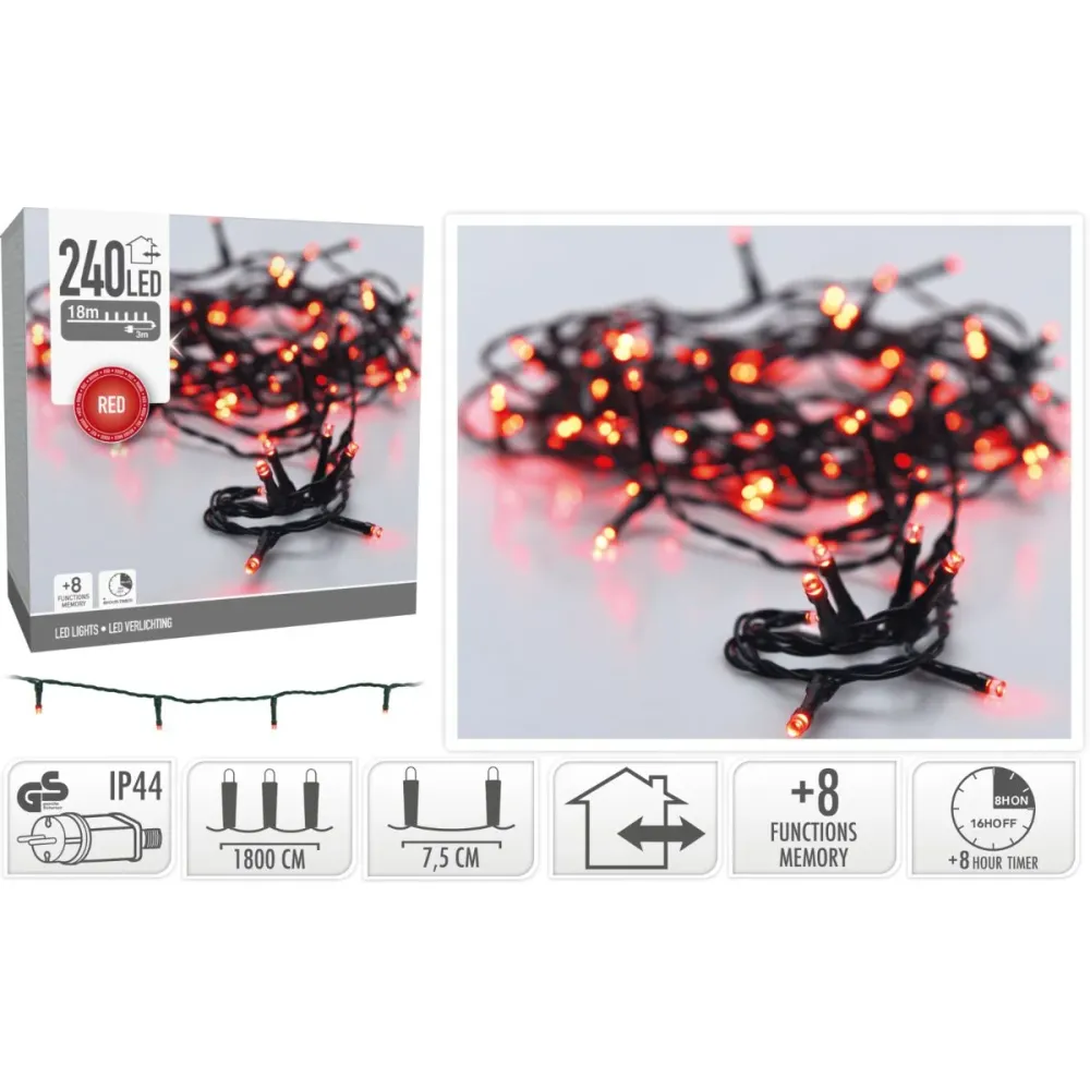 Kerstverlichting 240 Led- 18M - Rood - Timer - Lichtfuncties - Geheugen - Buiten Marcels Webwinkel
