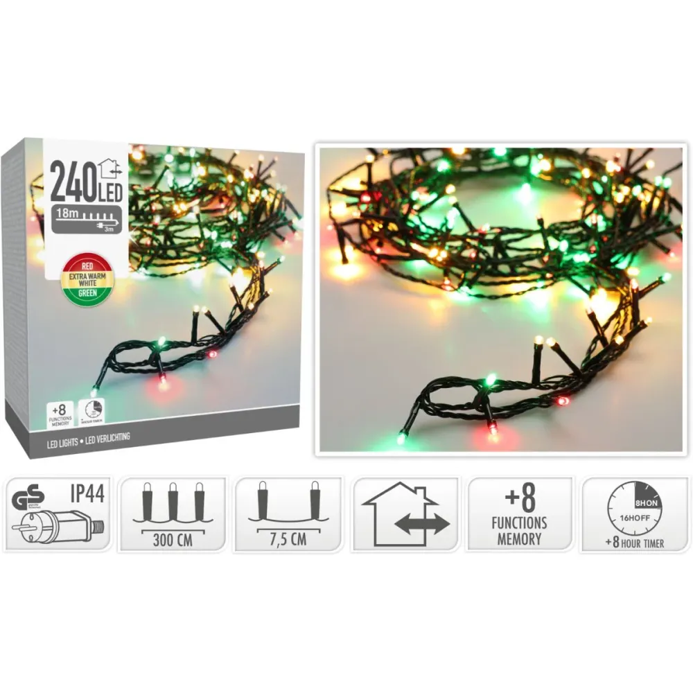 Kerstverlichting 240 Led- 18M - Three Tone Traditional - Timer - Lichtfuncties - Geheugen - Buiten Marcels Webwinkel
