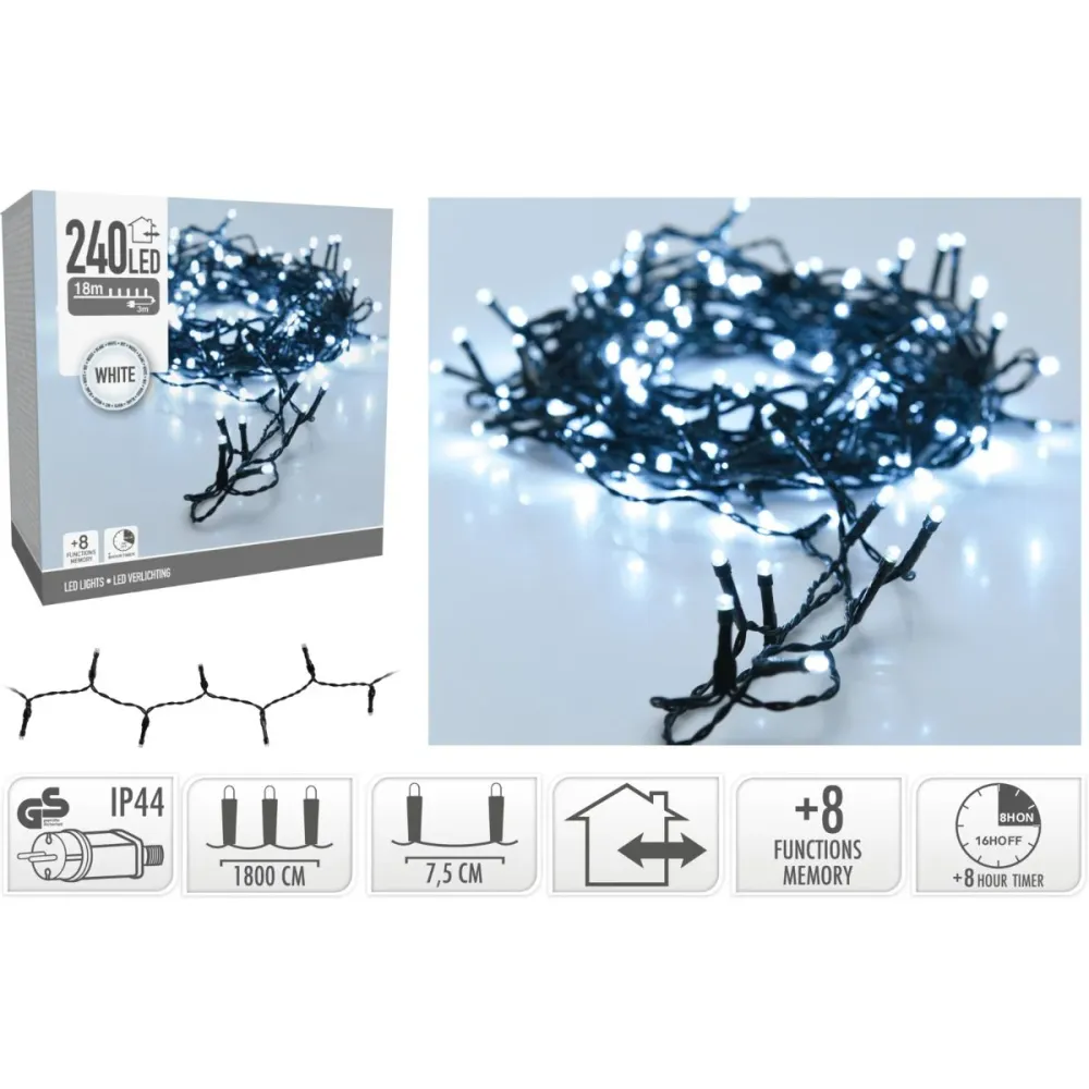 Kerstverlichting 240 Led- 18M - Wit - Timer - Lichtfuncties - Geheugen - Buiten Marcels Webwinkel