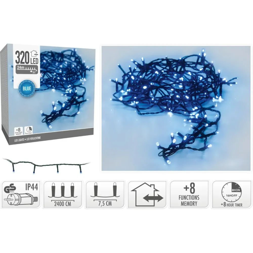 Kerstverlichting 320 Led- 24M - Blauw - Timer - Lichtfuncties - Geheugen - Buiten Marcels Webwinkel