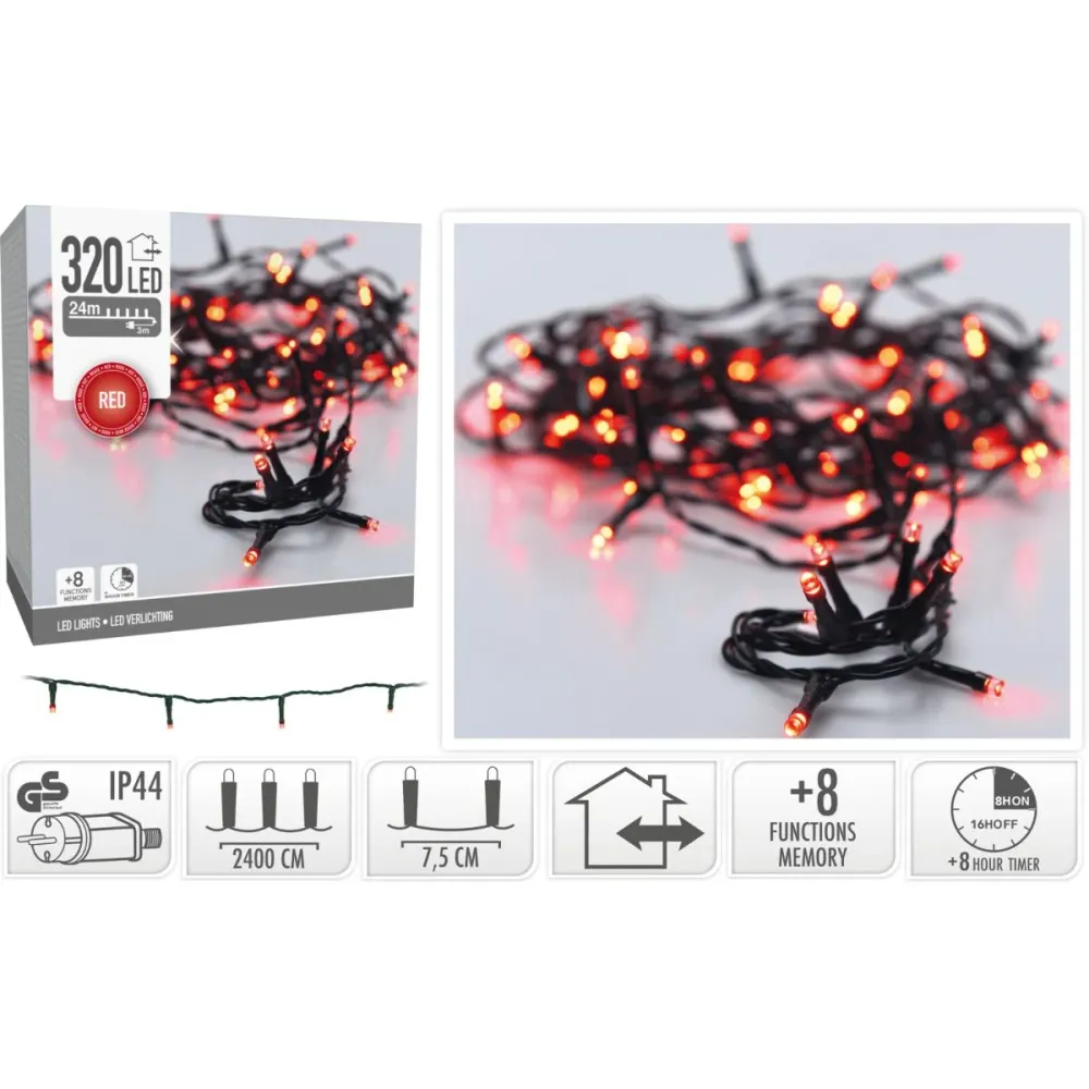 Kerstverlichting 320 Led- 24M - Rood - Timer - Lichtfuncties - Geheugen - Buiten Marcels Webwinkel