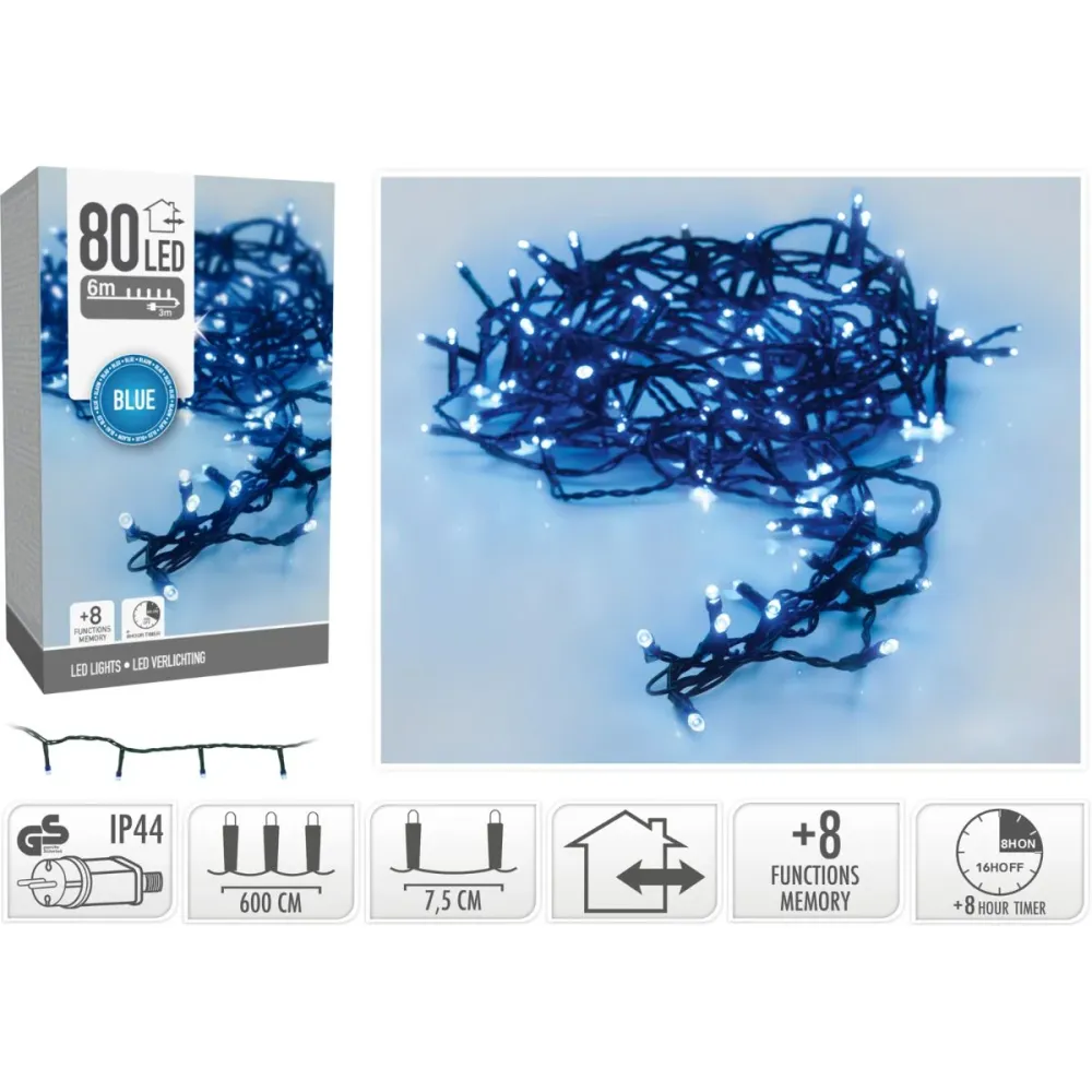 Kerstverlichting 80 Led- 6M - Blauw - Timer - Lichtfuncties - Geheugen - Buiten Marcels Webwinkel