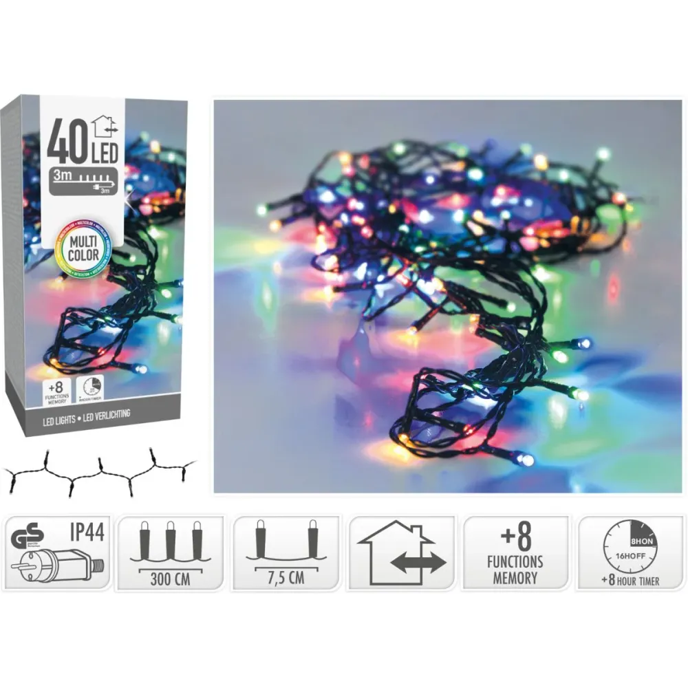 Kerstverlichting 40 Led- 3M - Multicolor - Timer - Lichtfuncties - Geheugen - Buiten Marcels Webwinkel