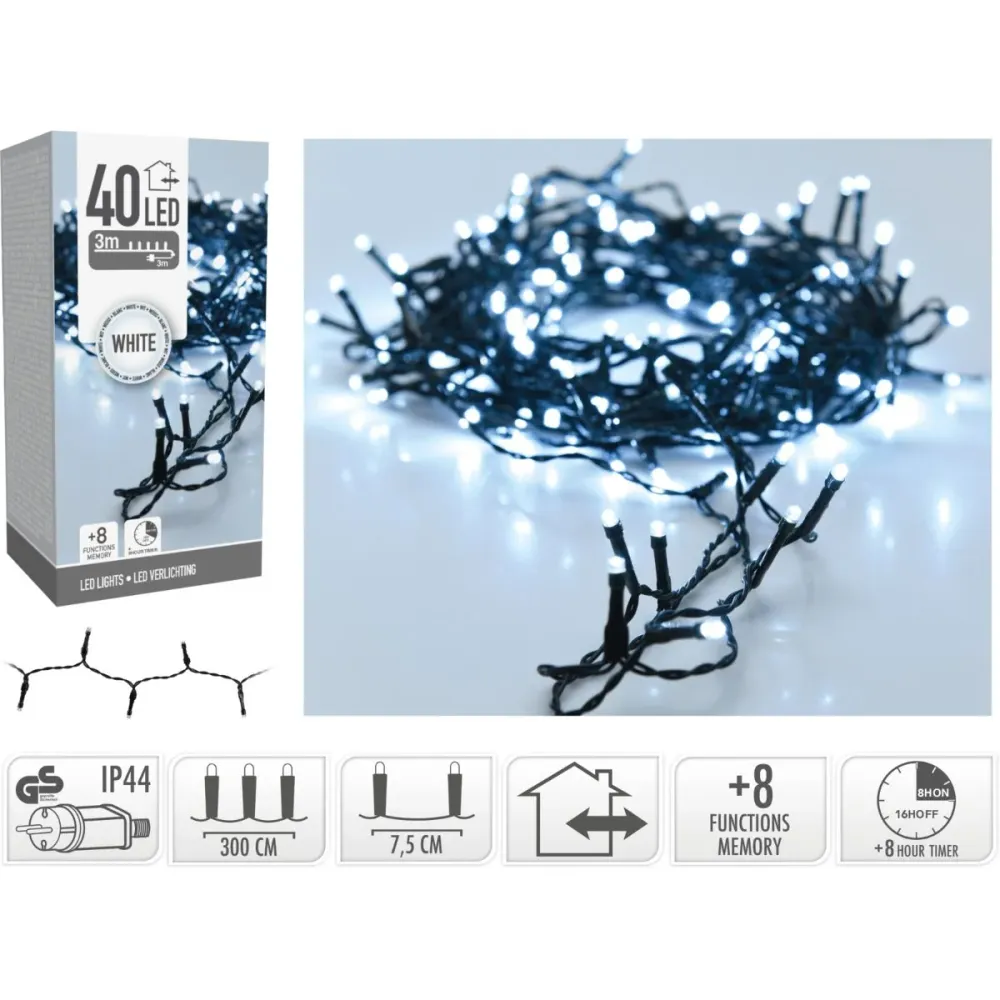Kerstverlichting 40 Led- 3M - Wit - Timer - Lichtfuncties - Geheugen - Buiten Marcels Webwinkel