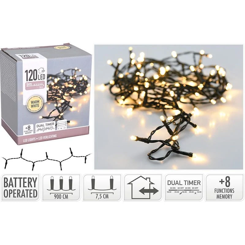 Led Verlichting 120 Led - 9 Meter - Warm Wit - Batterijbox 120 Warm Wit - Dual-Timer - Geheugen En Lichtfuncties Marcels W...