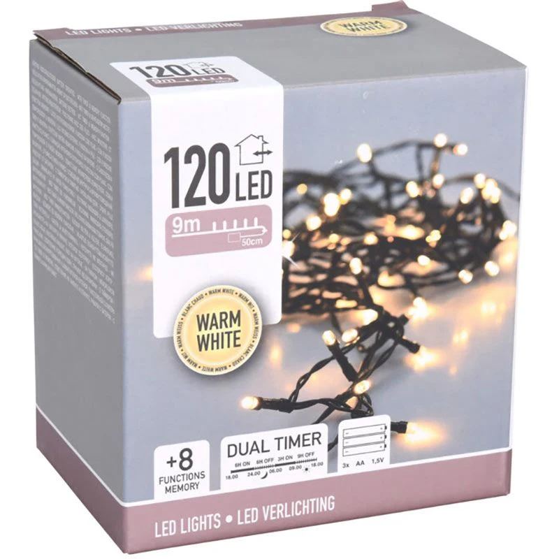 Led Verlichting 120 Led - 9 Meter - Warm Wit - Batterijbox 120 Warm Wit - Dual-Timer - Geheugen En Lichtfuncties Marcels W...