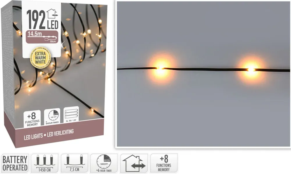 Led Verlichting 192 Led - Extra Warm Wit - Op Batterij - 8 Lichtfuncties - Timer - Soft Wire Marcels Webwinkel