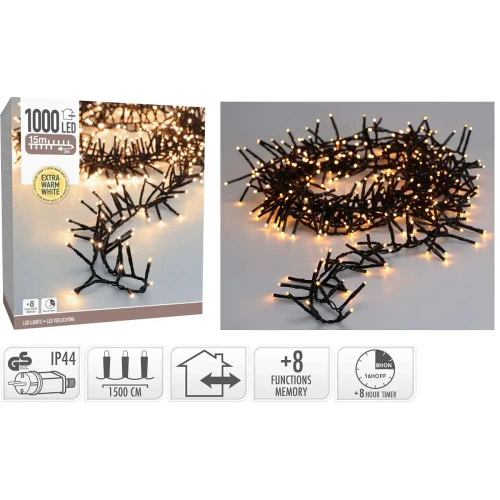 Maxi Cluster Kerstverlichting - 1000 Led - 15M - Extra Warm Wit - Timer - Lichtfuncties - Geheugen - Buiten Marcels Webwinkel