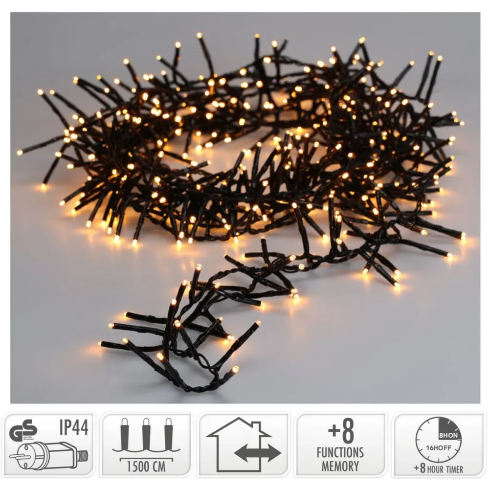 Maxi Cluster Kerstverlichting - 1000 Led - 15M - Extra Warm Wit - Timer - Lichtfuncties - Geheugen - Buiten Marcels Webwinkel