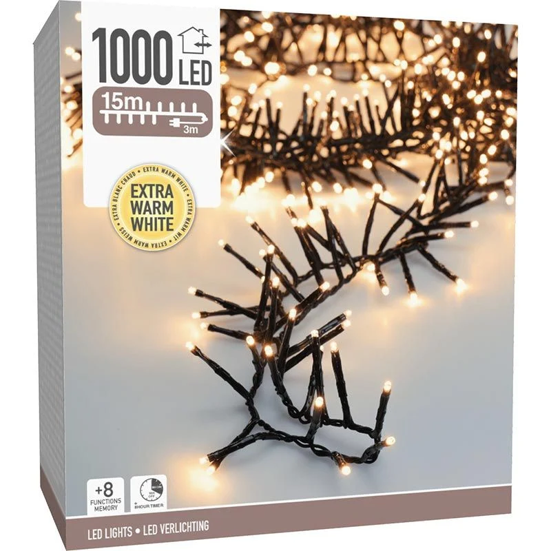 Maxi Cluster Kerstverlichting - 1000 Led - 15M - Extra Warm Wit - Timer - Lichtfuncties - Geheugen - Buiten Marcels Webwinkel