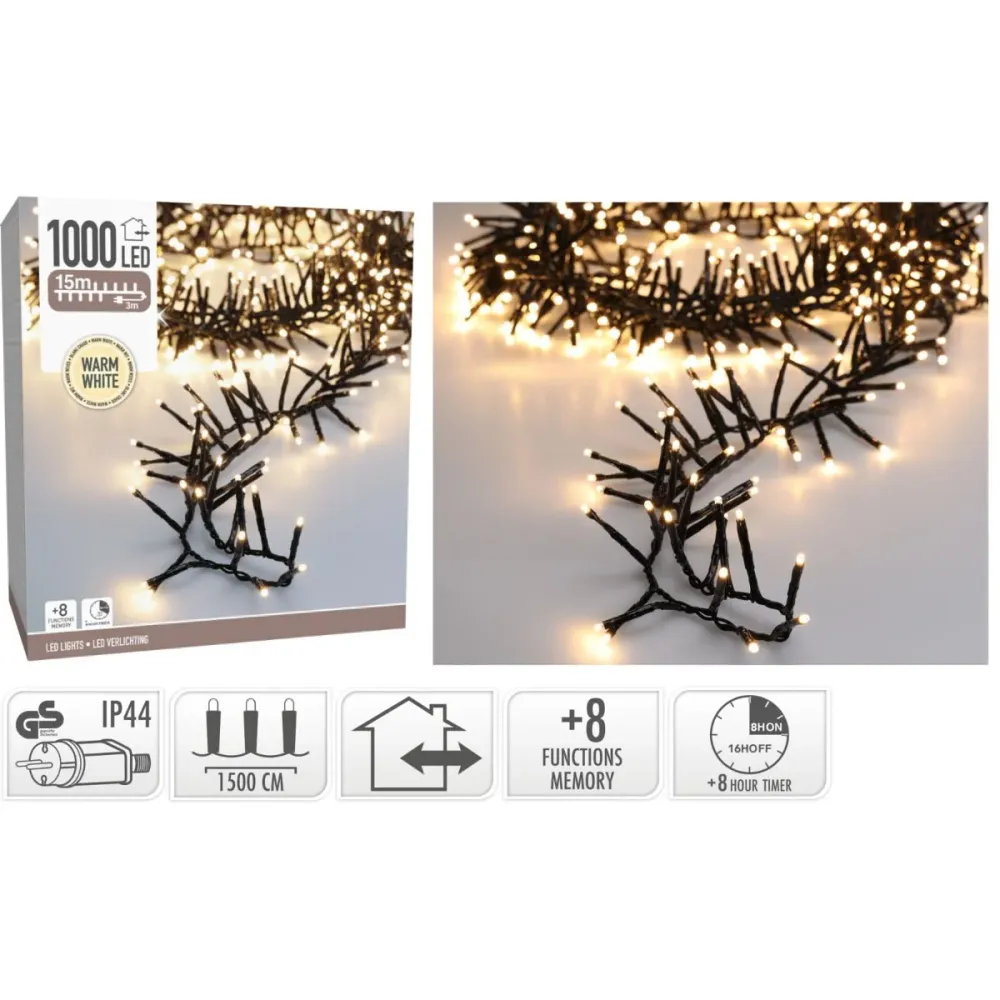Maxi Cluster Kerstverlichting - 1000 Led - 15M - Warm Wit - Timer - Lichtfuncties - Geheugen - Buiten Marcels Webwinkel
