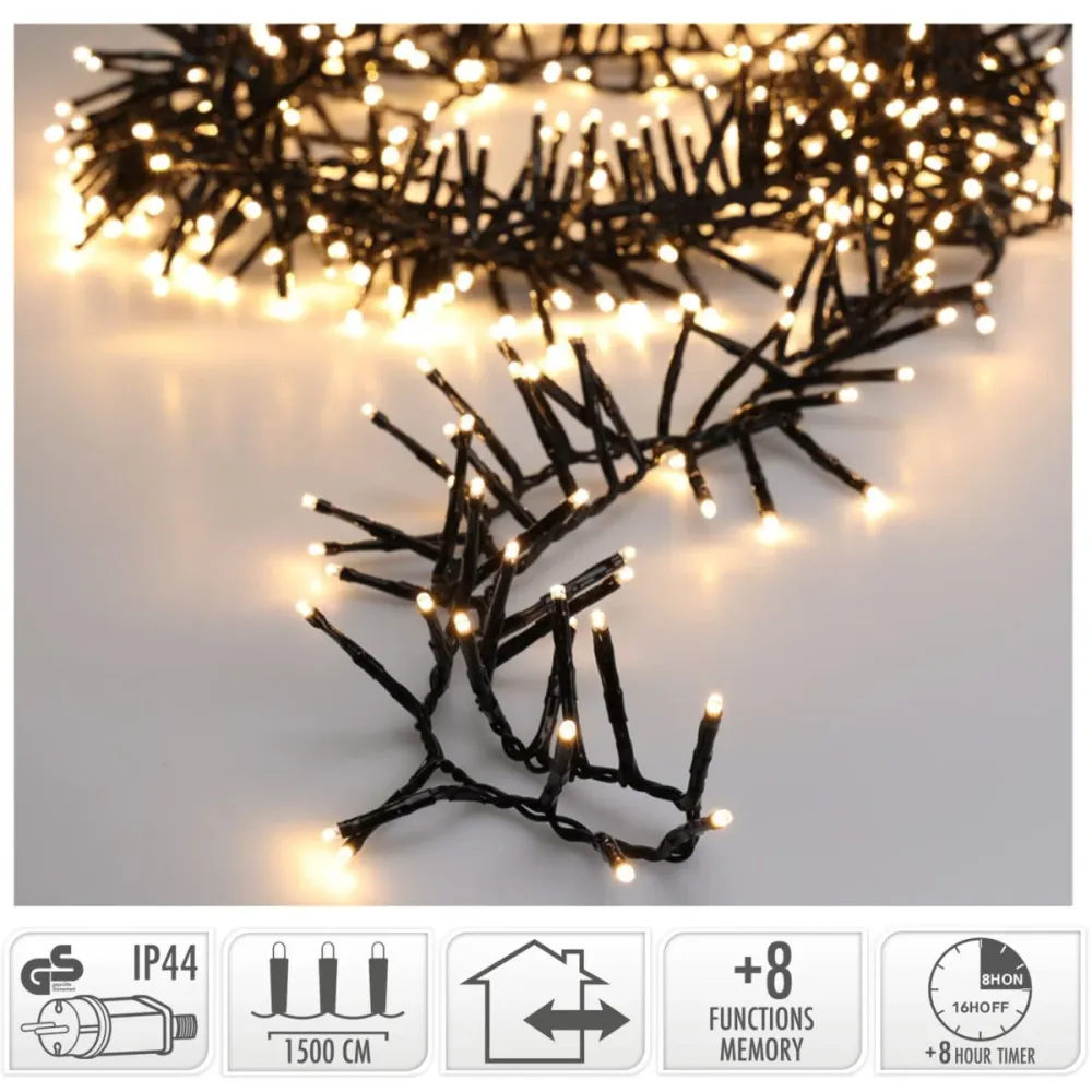 Maxi Cluster Kerstverlichting - 1000 Led - 15M - Warm Wit - Timer - Lichtfuncties - Geheugen - Buiten Marcels Webwinkel