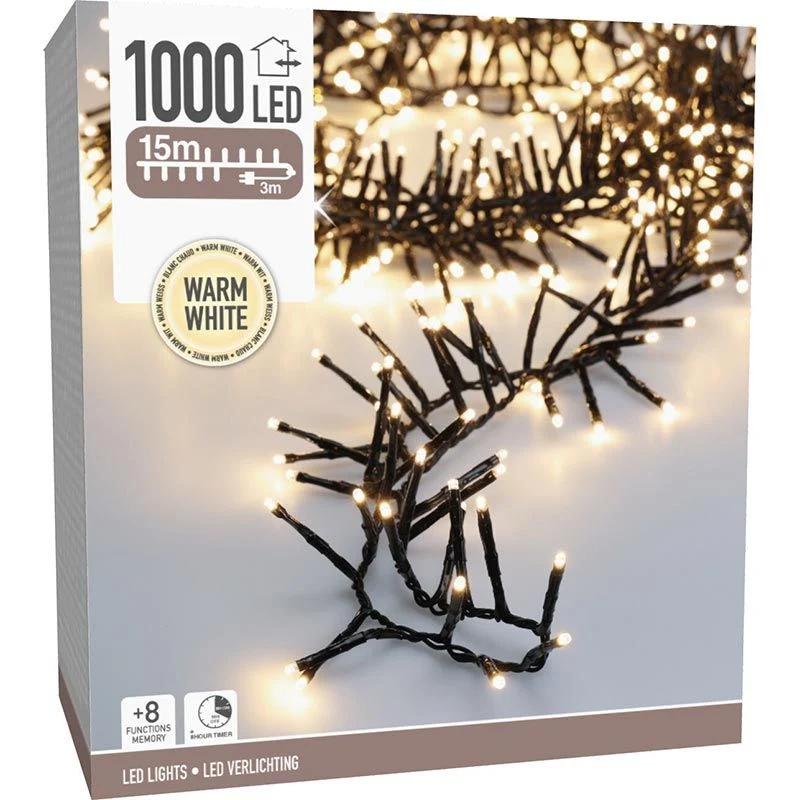Maxi Cluster Kerstverlichting - 1000 Led - 15M - Warm Wit - Timer - Lichtfuncties - Geheugen - Buiten Marcels Webwinkel