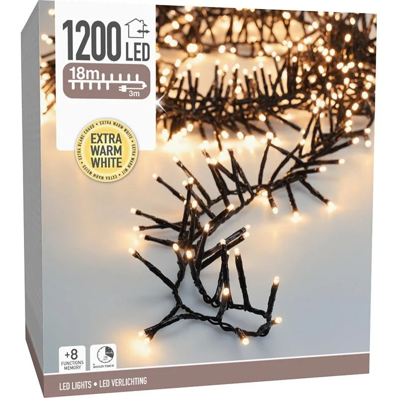 Maxi Cluster Kerstverlichting - 1200 Led - 18M - Extra Warm Wit - Timer - Lichtfuncties - Geheugen - Buiten Marcels Webwinkel