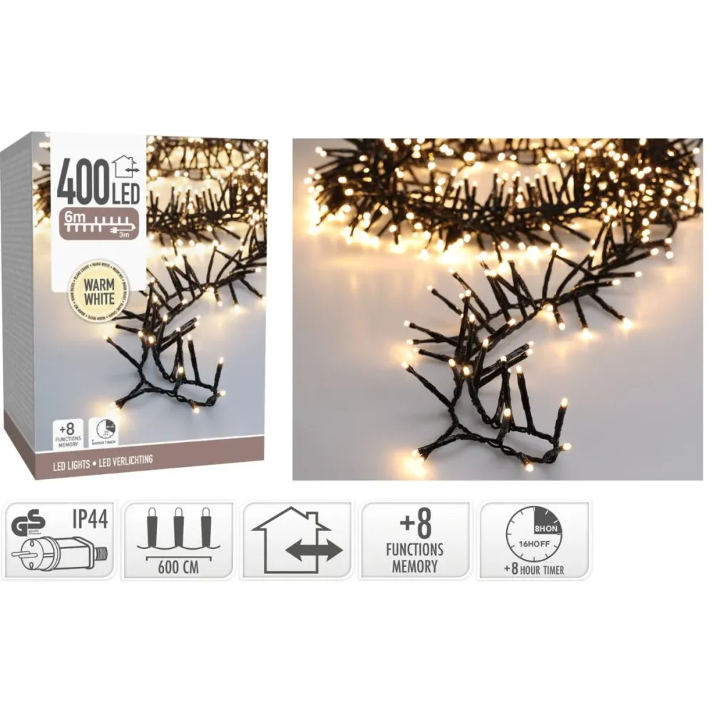 Maxi Cluster Kerstverlichting - 400 Led - 6M - Warm Wit - Timer - Lichtfuncties - Geheugen - Buiten Marcels Webwinkel