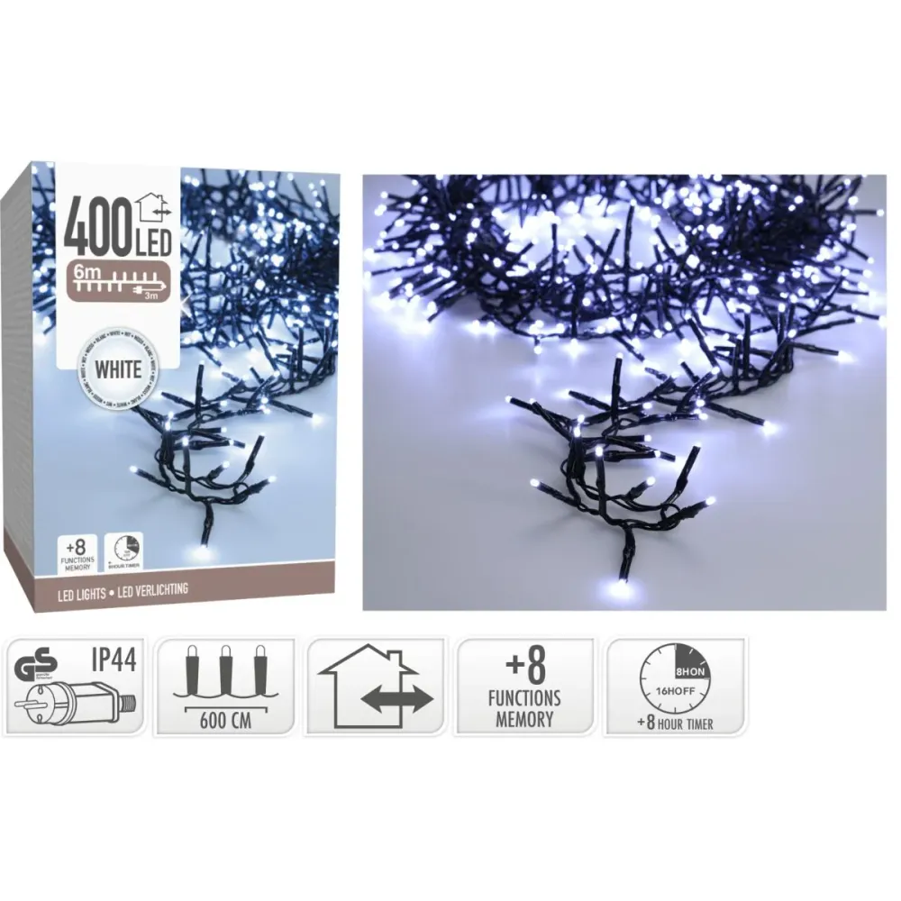 Maxi Cluster Kerstverlichting - 400 Led - 6M - Wit - Timer - Lichtfuncties - Geheugen - Buiten Marcels Webwinkel