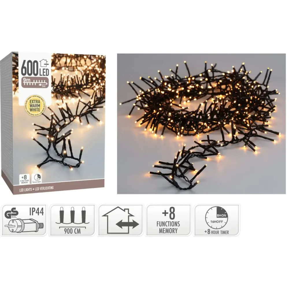 Maxi Cluster Kerstverlichting - 600 Led - 9M - Extra Warm Wit - Timer - Lichtfuncties - Geheugen - Buiten Marcels Webwinkel