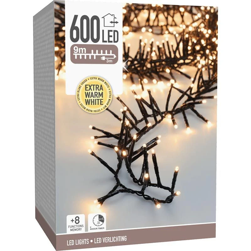 Maxi Cluster Kerstverlichting - 600 Led - 9M - Extra Warm Wit - Timer - Lichtfuncties - Geheugen - Buiten Marcels Webwinkel