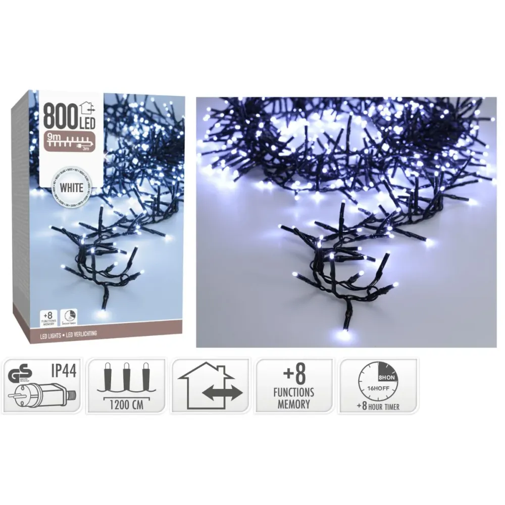 Maxi Cluster Kerstverlichting - 800 Led - 12M - Wit - Timer - Lichtfuncties - Geheugen - Buiten Marcels Webwinkel