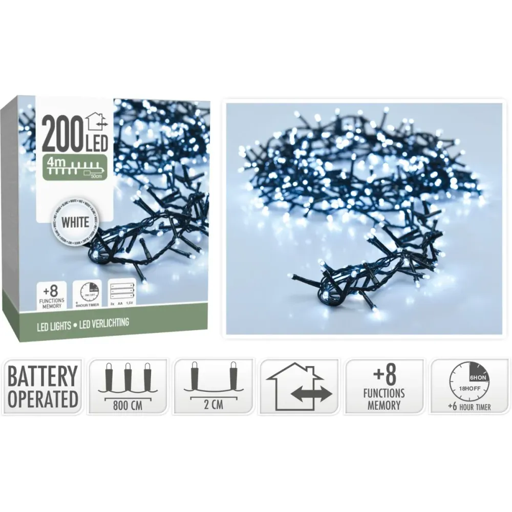 Micro Cluster 200 Led - 4M - Wit - Batterij - Lichtfuncties - Geheugen - Timer Marcels Webwinkel