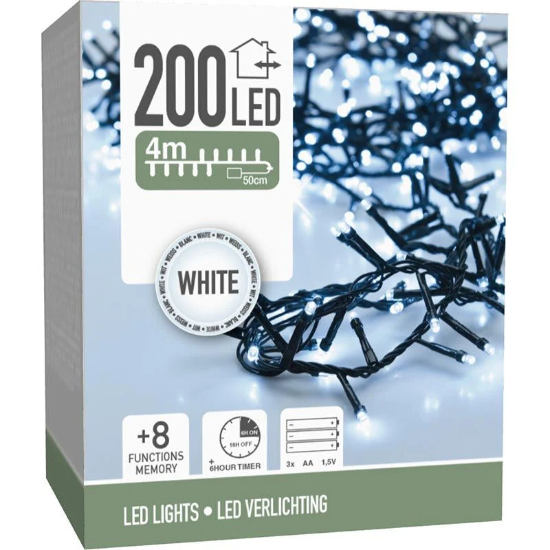 Micro Cluster 200 Led - 4M - Wit - Batterij - Lichtfuncties - Geheugen - Timer Marcels Webwinkel