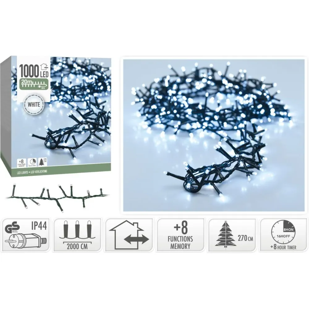 Microcluster - 1000 Led - 20M - Wit - Timer - Lichtfuncties - Geheugen - Buiten Marcels Webwinkel