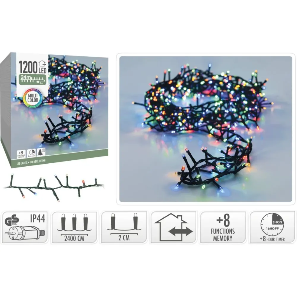 Microcluster - 1200 Led - 24M - Multicolor - Timer - Lichtfuncties - Geheugen - Buiten Marcels Webwinkel
