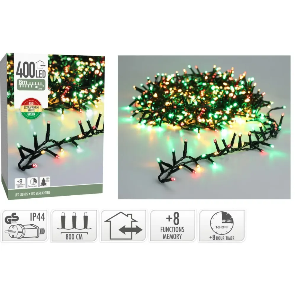 Microcluster - 400 Led - 8M - Three Tone Traditional - Timer - Lichtfuncties - Geheugen - Buiten Marcels Webwinkel