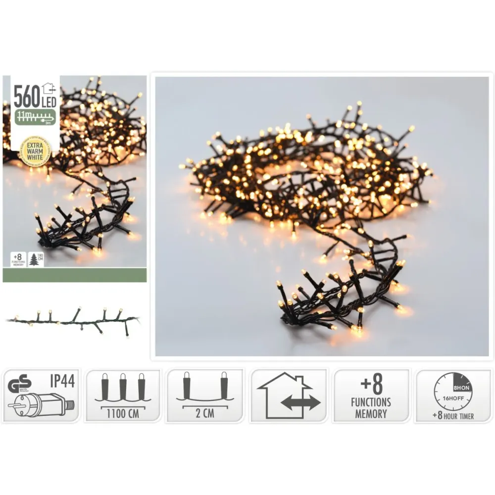 Microcluster - 560 Led - 11M - Extra Warm Wit - Timer - Lichtfuncties - Geheugen - Buiten Marcels Webwinkel
