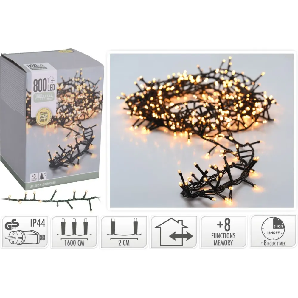 Microcluster - 800 Led - 16M - Extra Warm Wit - Timer - Lichtfuncties - Geheugen - Buiten Marcels Webwinkel