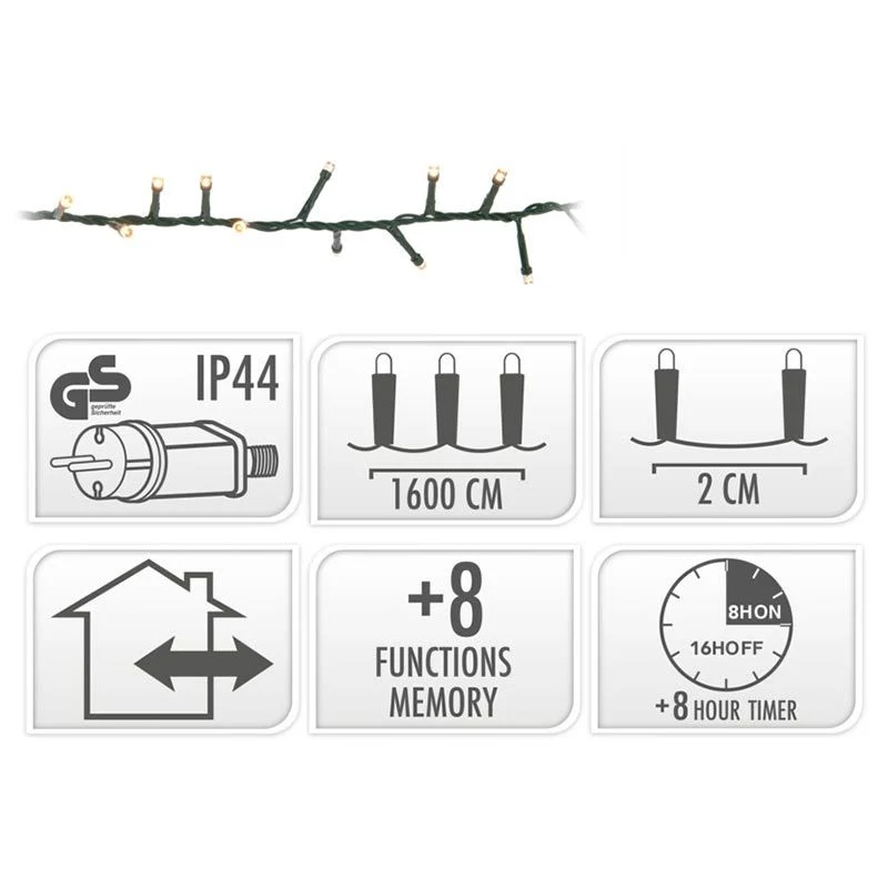 Microcluster - 800 Led - 16M - Warm Wit - Timer - Lichtfuncties - Geheugen - Buiten Marcels Webwinkel
