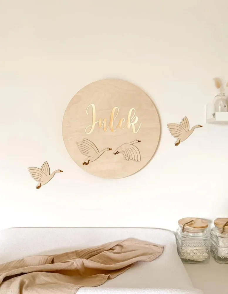 Houten Wandlamp met Ganzen en Naam Mijn winkel