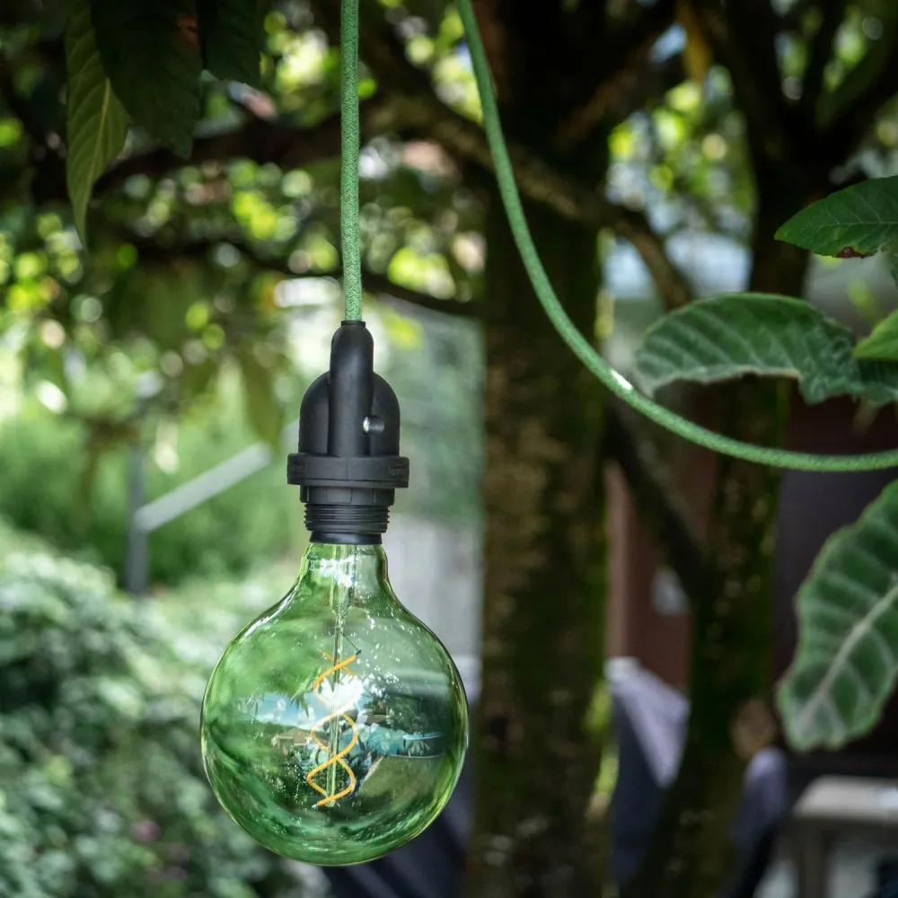 Modulair Buitenlamp voor lampenkap met 5 m textiel strijkijzersnoer, trekontlaster, plafondkap en fitting IP65 - Grasgroen