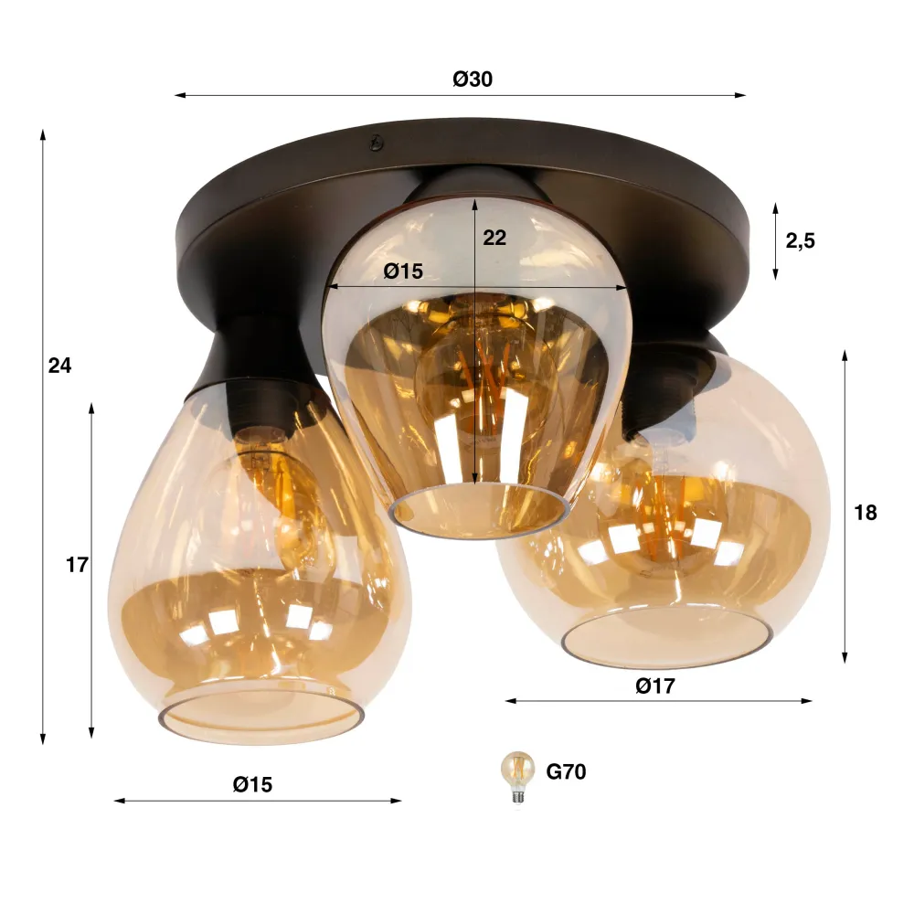 Plafondlamp Noa - 3-lichts - Amberkleurig - Glas Plafondlampen