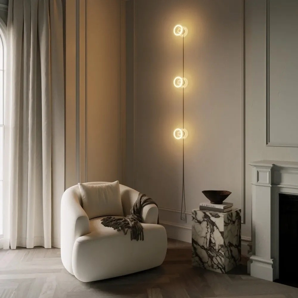 Spostaluce wandlamp met stekker, 3 Ghost lichtbronnen en grijs gemêleerd strijkijzersnoer