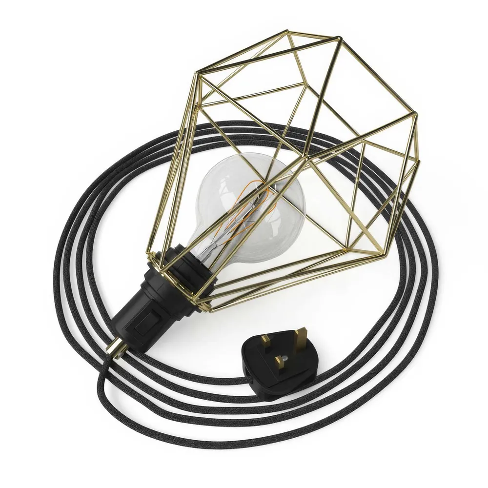 Table Snake - Plug- lamp met UK stekker en Diamond draadlampenkap - Messing