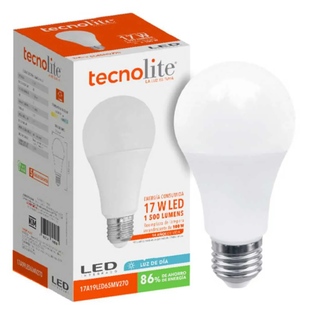 FOCO A19 LED 17 W LUZ BLANCA BRILLANTE BASE E27 NO ATENUABLE 17A19LED65MV270 TECNOLITE