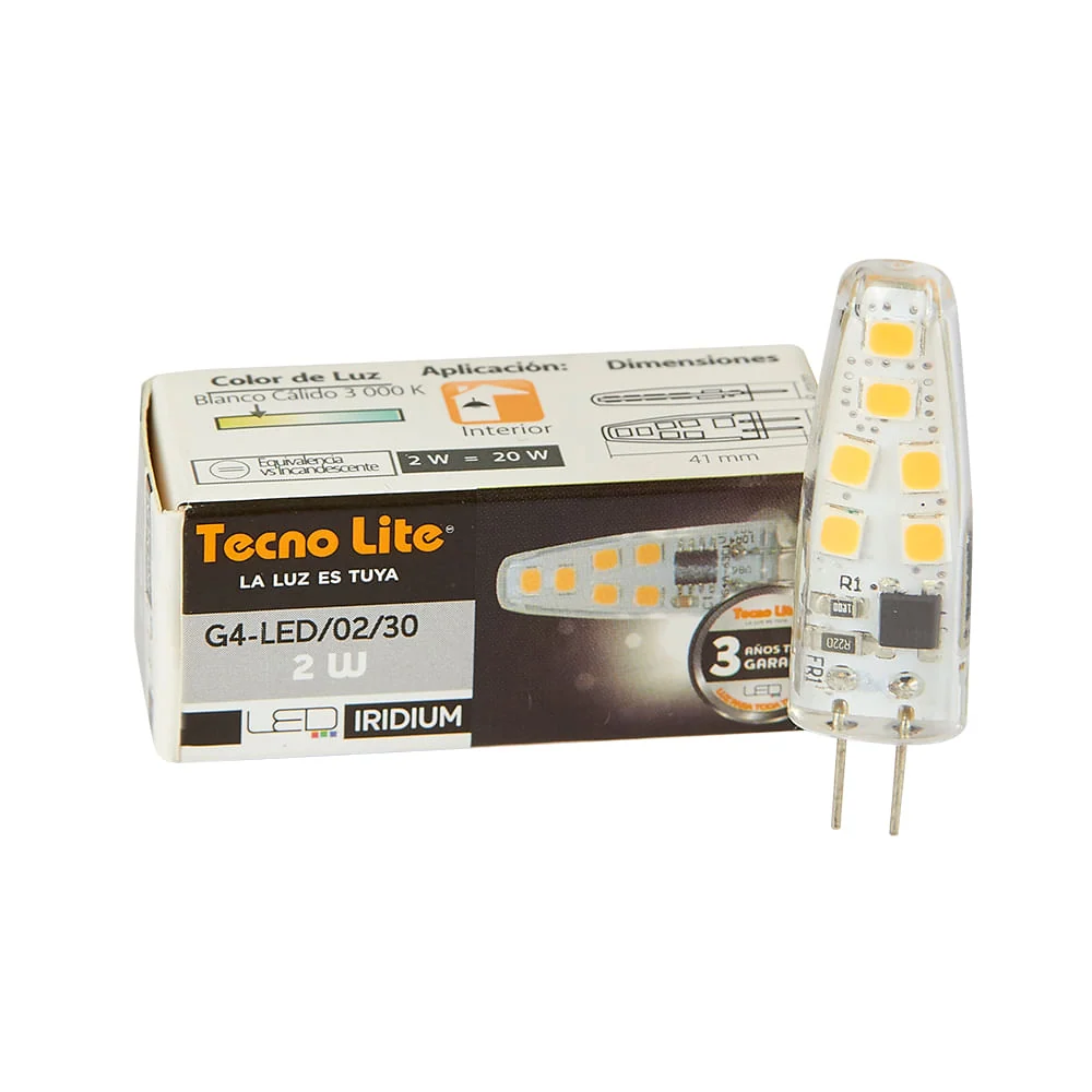 FOCO JCD LED AMPOLLETA 2 W 12 V LUZ CALIDA BRILLANTE BASE G4 NO ATENUABLE TECNOLITE