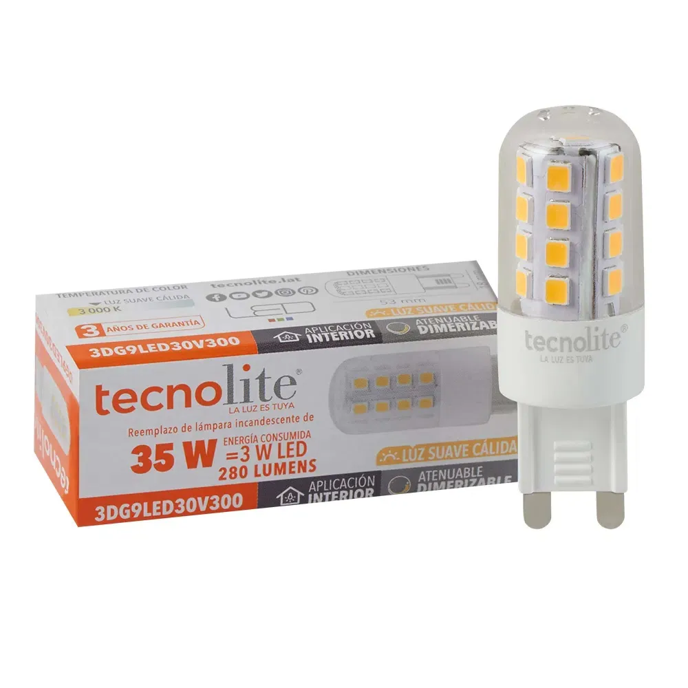 FOCO JCD LED AMPOLLETA 3 W LUZ CALIDA BRILLANTE BASE G9 ATENUABLE 3DG9LED30V300 TECNOLITE