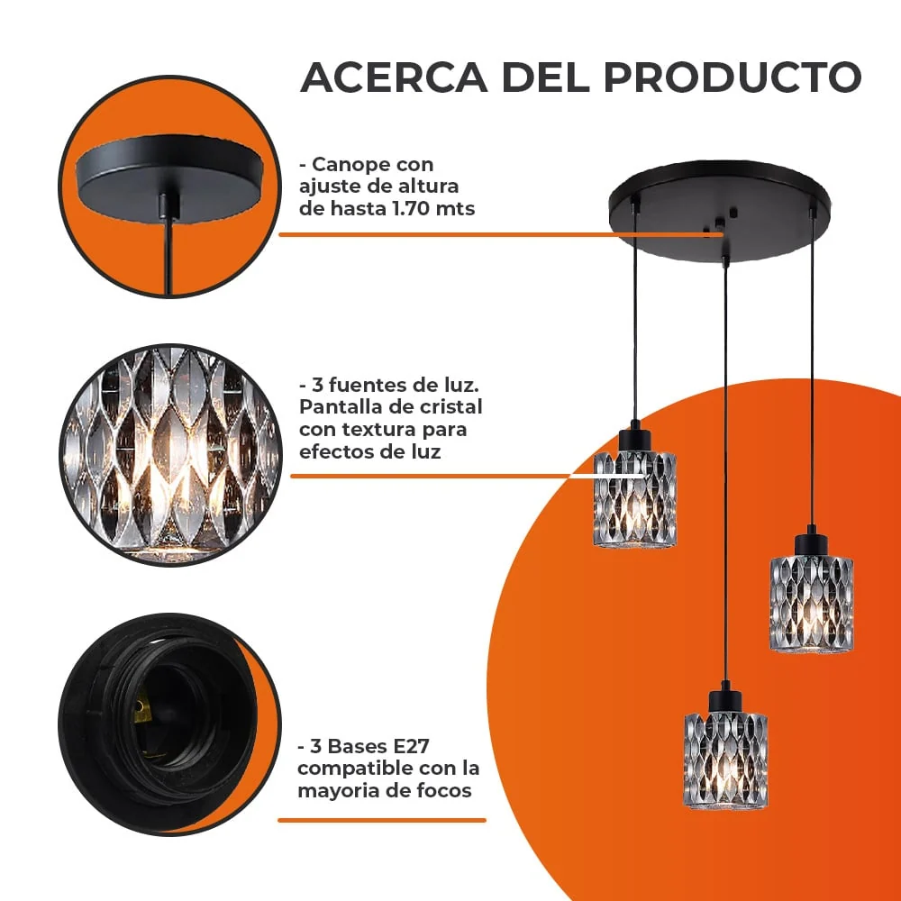 LAMPARA COLGANTE DE CRISTAL 1.71 M DE ALTURA POTENCIA MAX. 180 W 3 BASES E27 NO INCLUYE FOCOS TECNOLITE