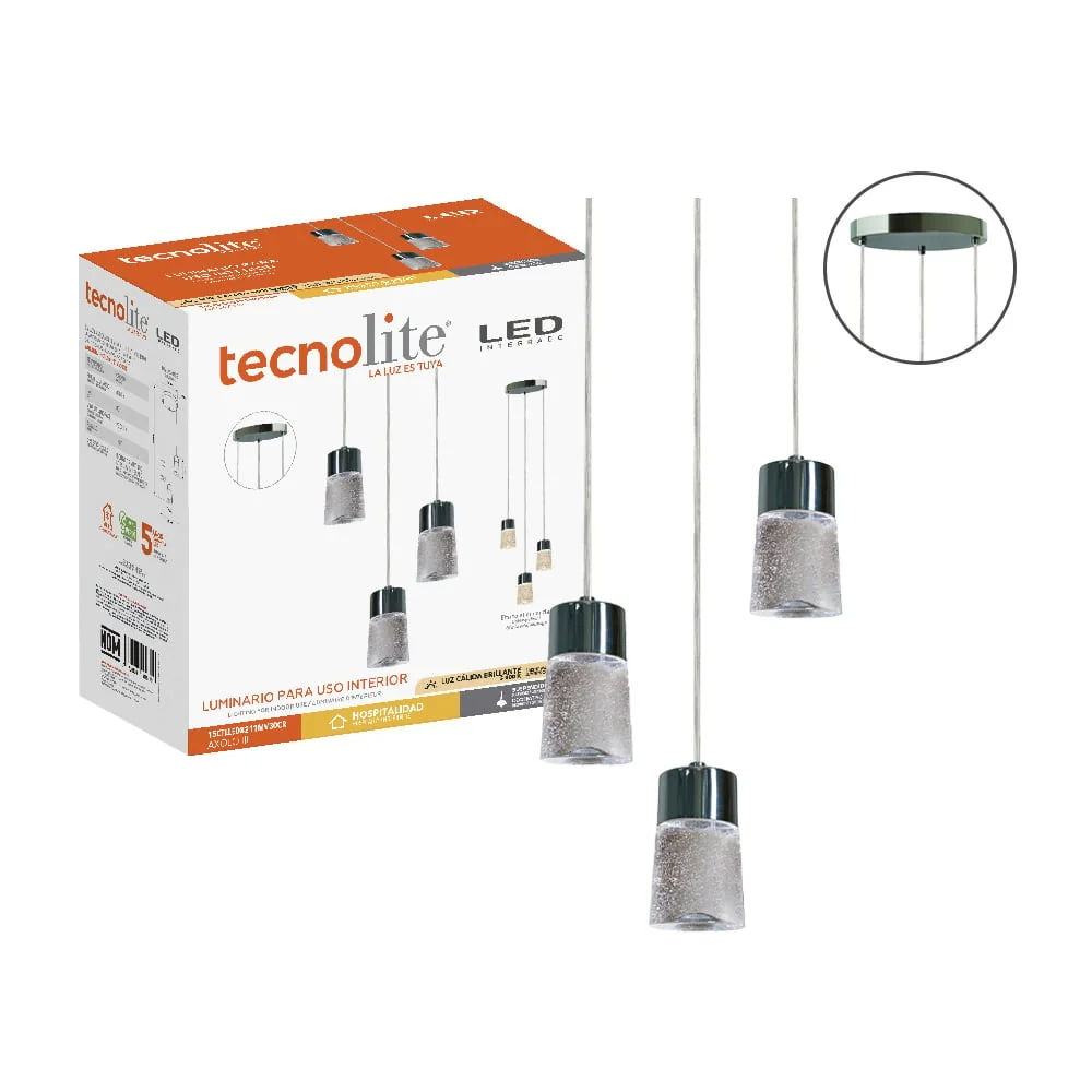 LAMPARA COLGANTE LED DE CRISTAL 1.50 M DE ALTURA 15.5 W LUZ CALIDA BRILLANTE 3 PANTALLAS NO ATENUABLE TECNOLITE