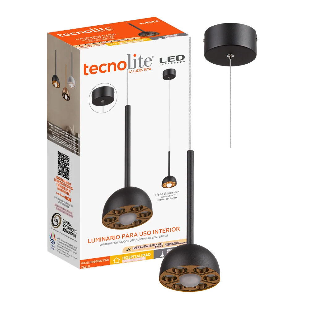 LAMPARA COLGANTE LED DE METAL 1.50 M DE ALTURA 9 W LUZ CALIDA BRILLANTE IRC 90 NO ATENUABLE 09CTLLED8302MV30ND TECNOLITE
