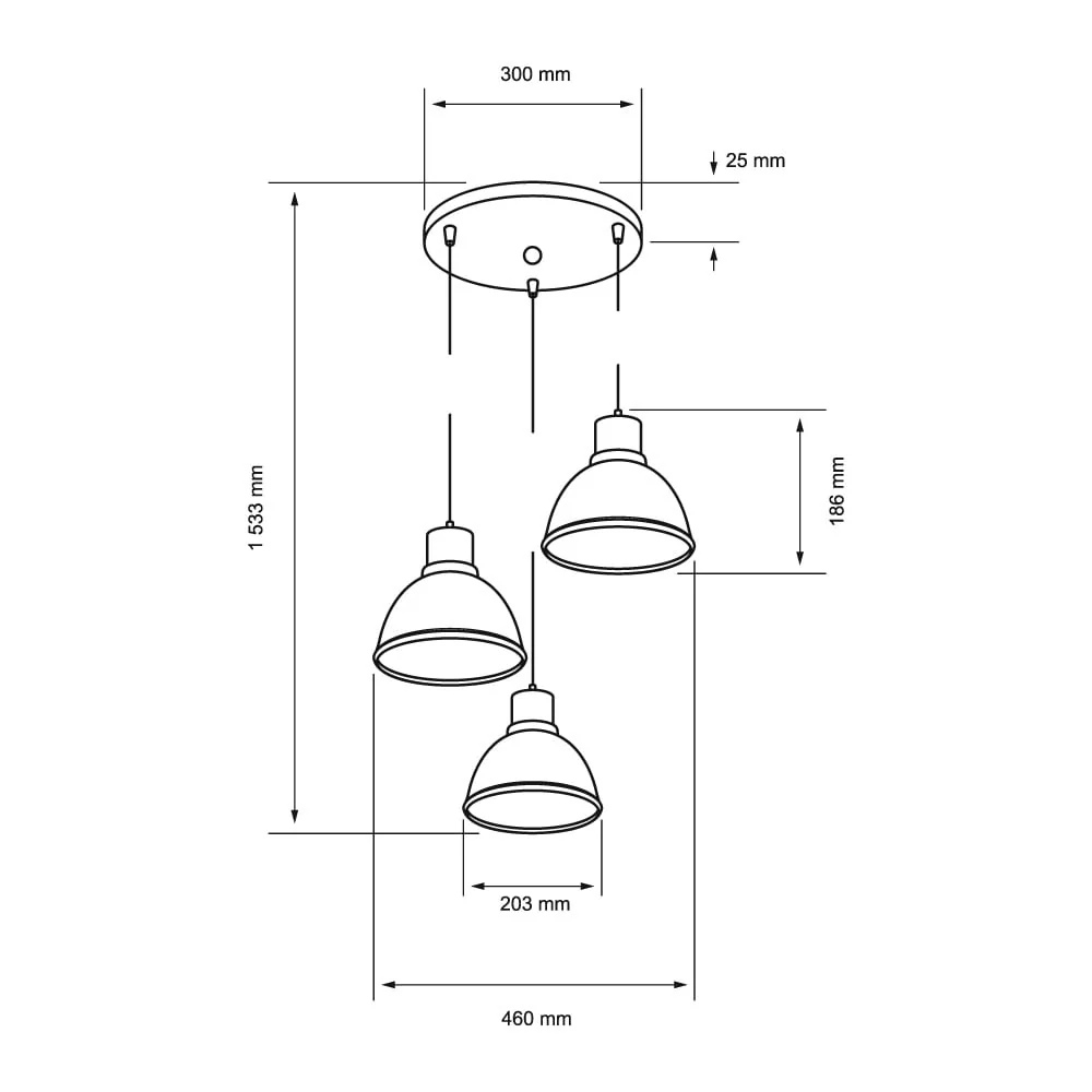 LAMPARA COLGANTE DE METAL 1.53 M DE ALTURA POTENCIA MAX. 180 W 3 BASES E27 NO INCLUYE FOCOS 180CTL3313MVMN TECNOLITE