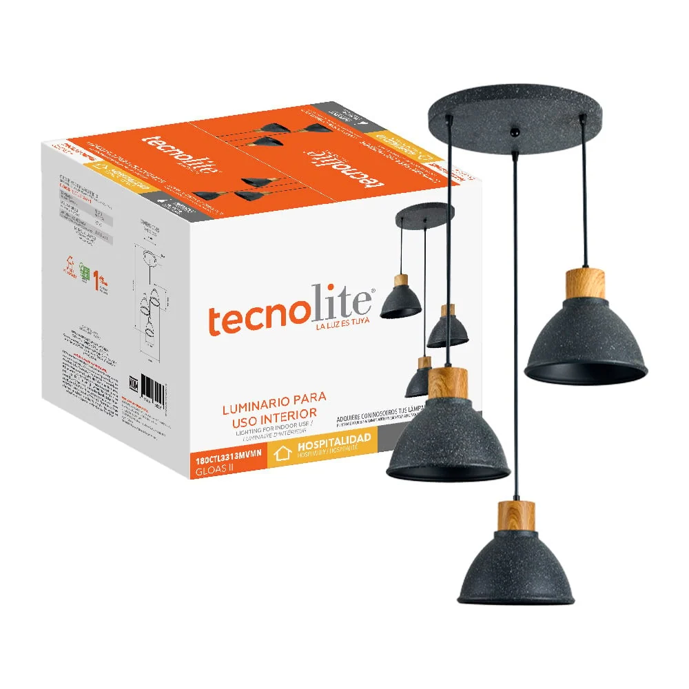 LAMPARA COLGANTE DE METAL 1.53 M DE ALTURA POTENCIA MAX. 180 W 3 BASES E27 NO INCLUYE FOCOS 180CTL3313MVMN TECNOLITE