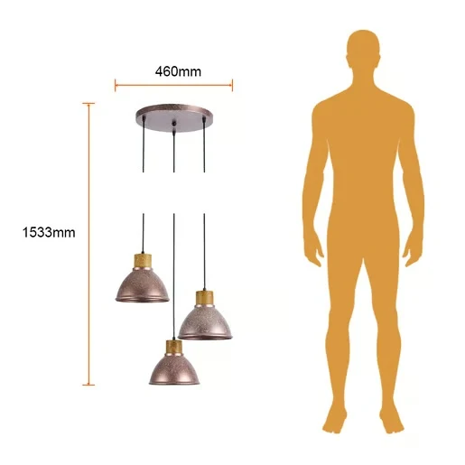 LAMPARA COLGANTE DE METAL 1.53 M DE ALTURA POTENCIA MAX. 180 W 3 BASES E27 NO INCLUYE FOCOS 180CTL3313MVMRS TECNOLITE