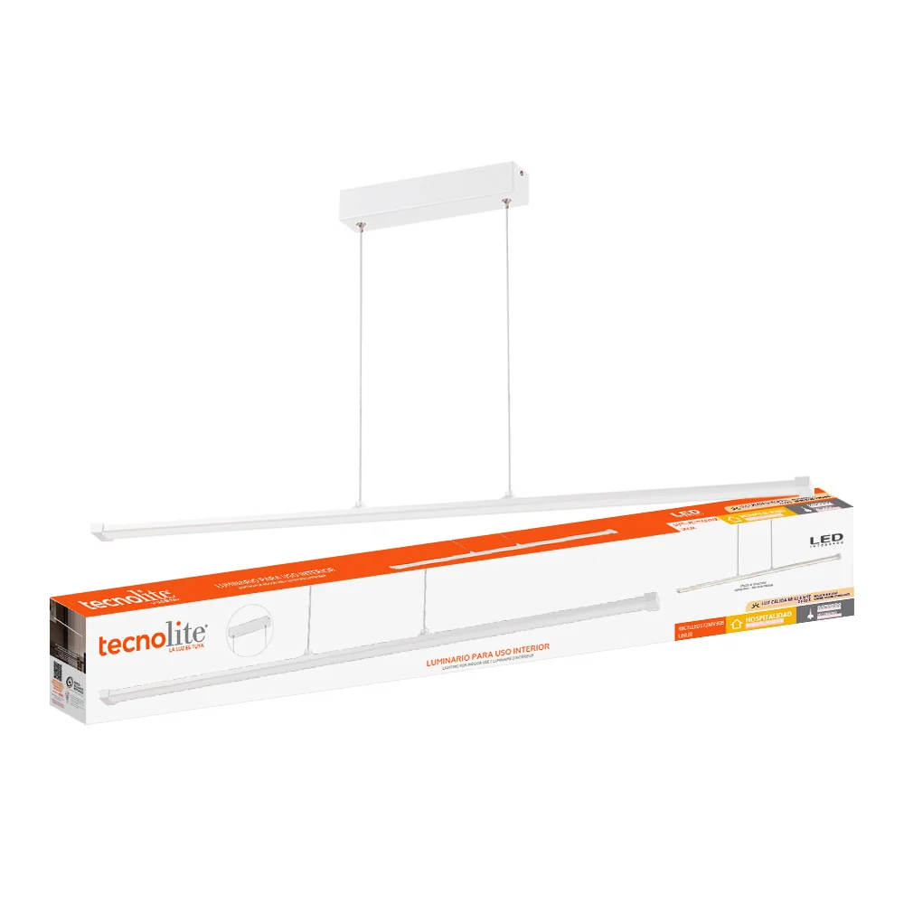 LAMPARA LINEAL COLGANTE LED DE METAL 1.21 M DE LONGITUD 48 W LUZ CALIDA BRILLANTE IRC 90 NO ATENUABLE TECNOLITE