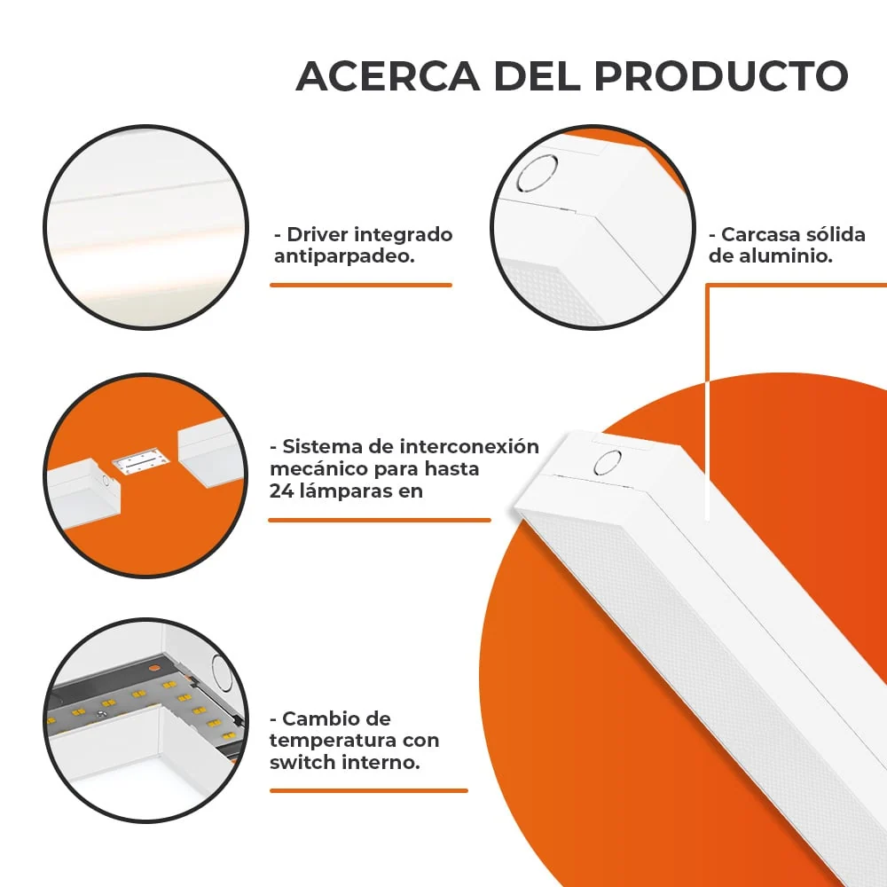 LAMPARA LINEAL LED INTERCONECTABLE 60 CM DE LONGITUD 24 W LUZ BLANCA AJUSTABLE 2 EN 1 NO ATENUABLE LED INTEGRADO TECNOLITE