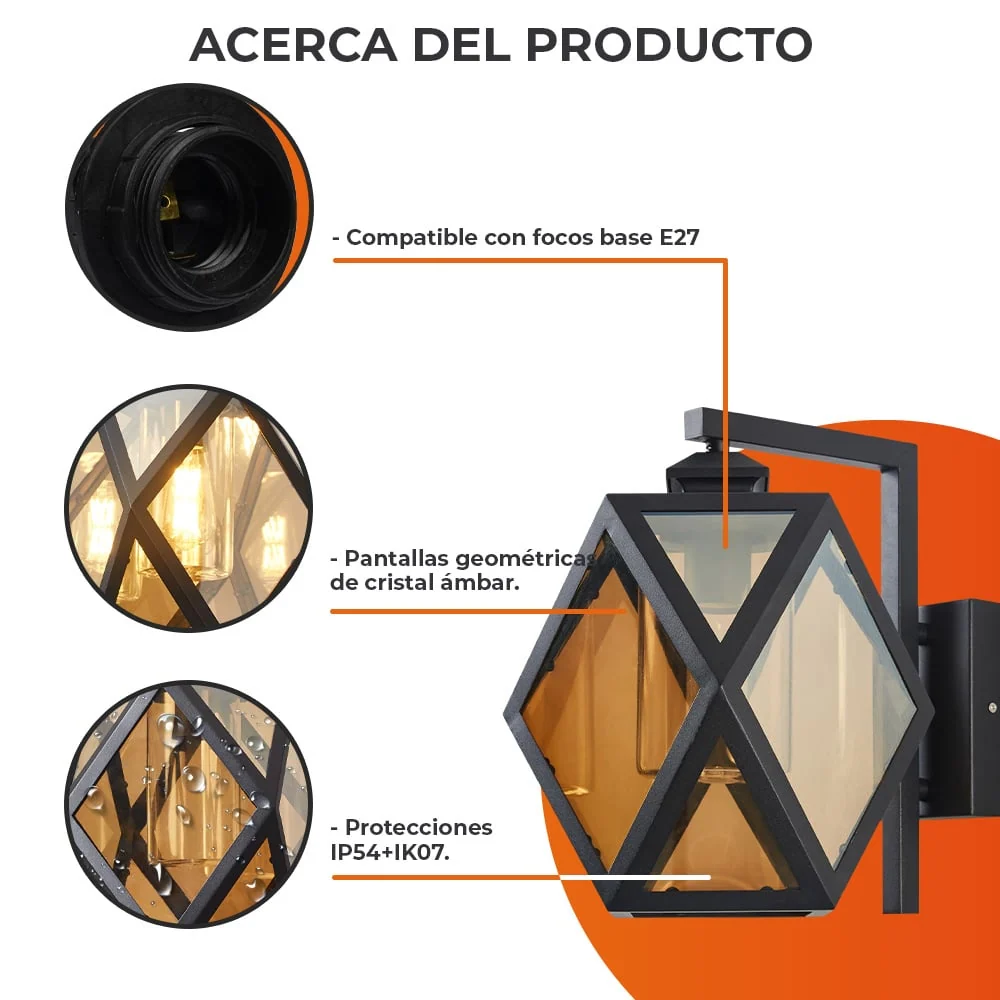 LAMPARA DE PARED ARBOTANTE CRISTAL EXTERIOR POTENCIA MAX. 60 W 1 BASE E27 IP54 IK05 NO INCLUYE FOCO TECNOLITE