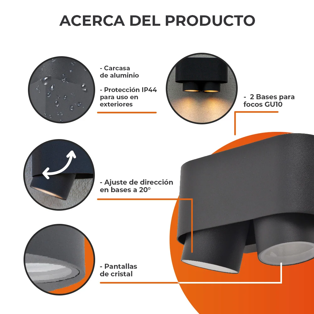 LAMPARA DE PARED ARBOTANTE EXTERIOR POTENCIA MAX. 12 W 2 BASES GU10 DIRIGIBLE IP44 NO INCLUYE FOCOS TECNOLITE