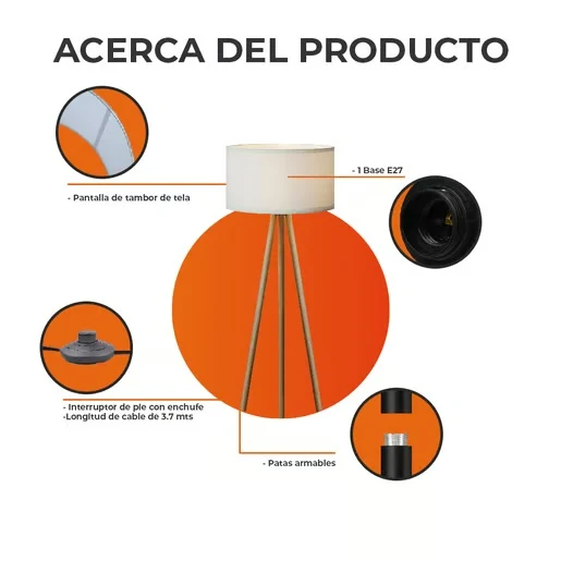 LAMPARA DE PIE TRIPODE DE MADERA POTENCIA MAX. 60 W BASE E27 NO INCLUYE FOCO TECNOLITE